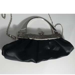 Vintage Mad Bags Black Satin Kiss Clasp Jeweled Chain Strap Clutch Bag